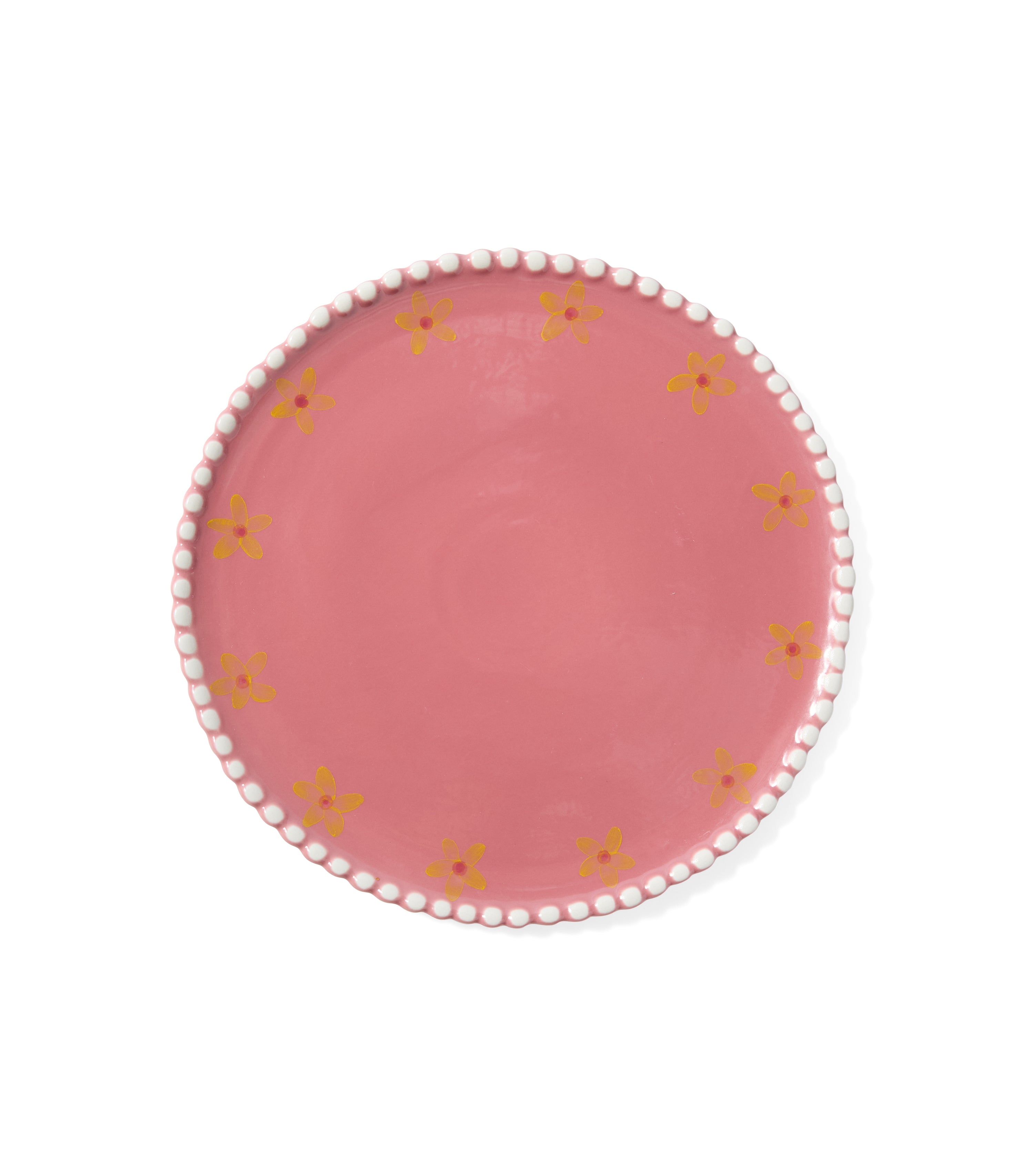 Handpainted pink ceramic dinner plate with yellow flowers around the edges