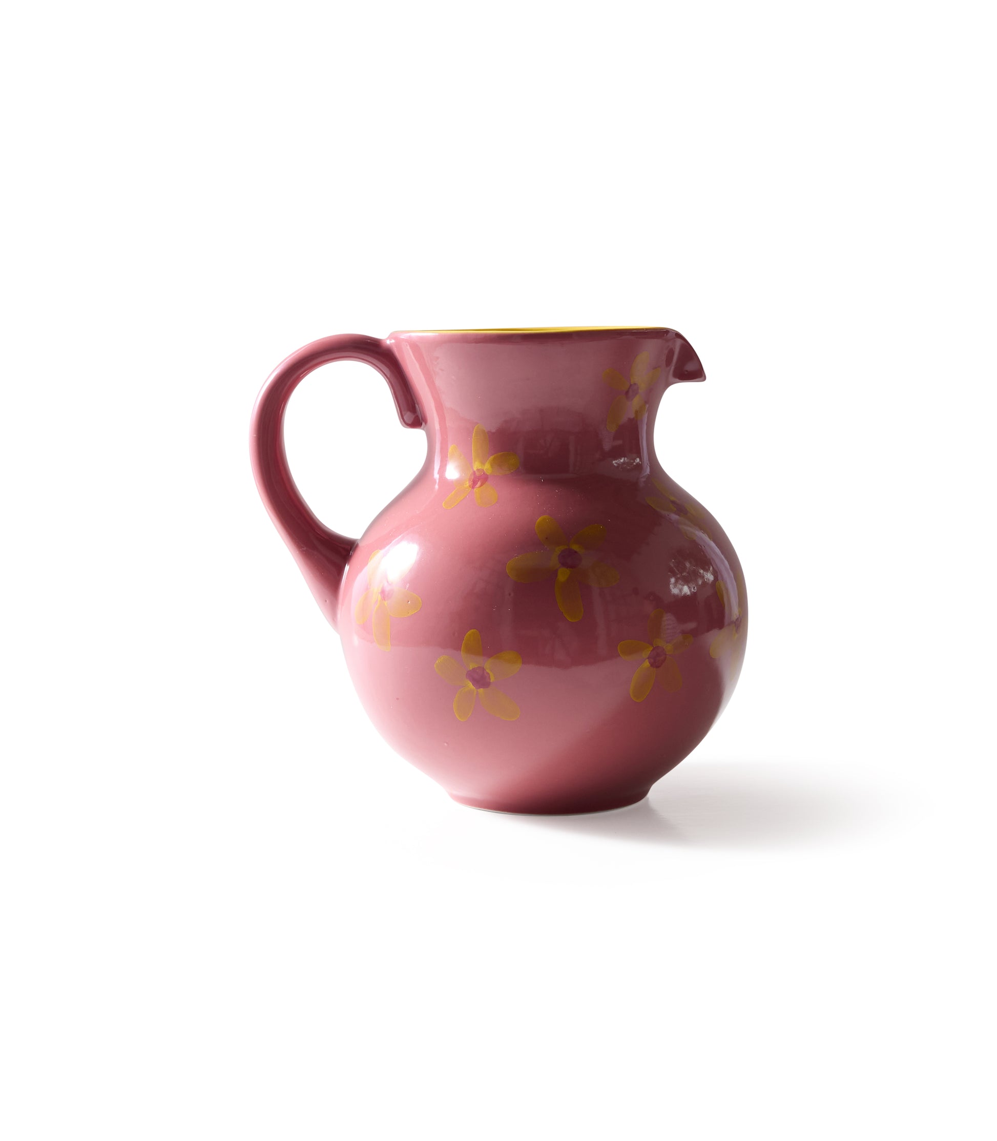 Hand painted pink ceramic jug with yellow flowers