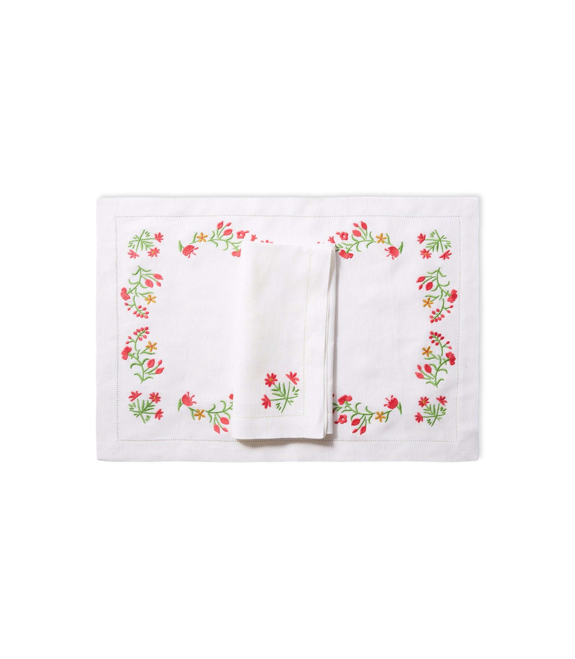 White linen placemat with flower embroidery and white linen dinner napkin with flower embroidery