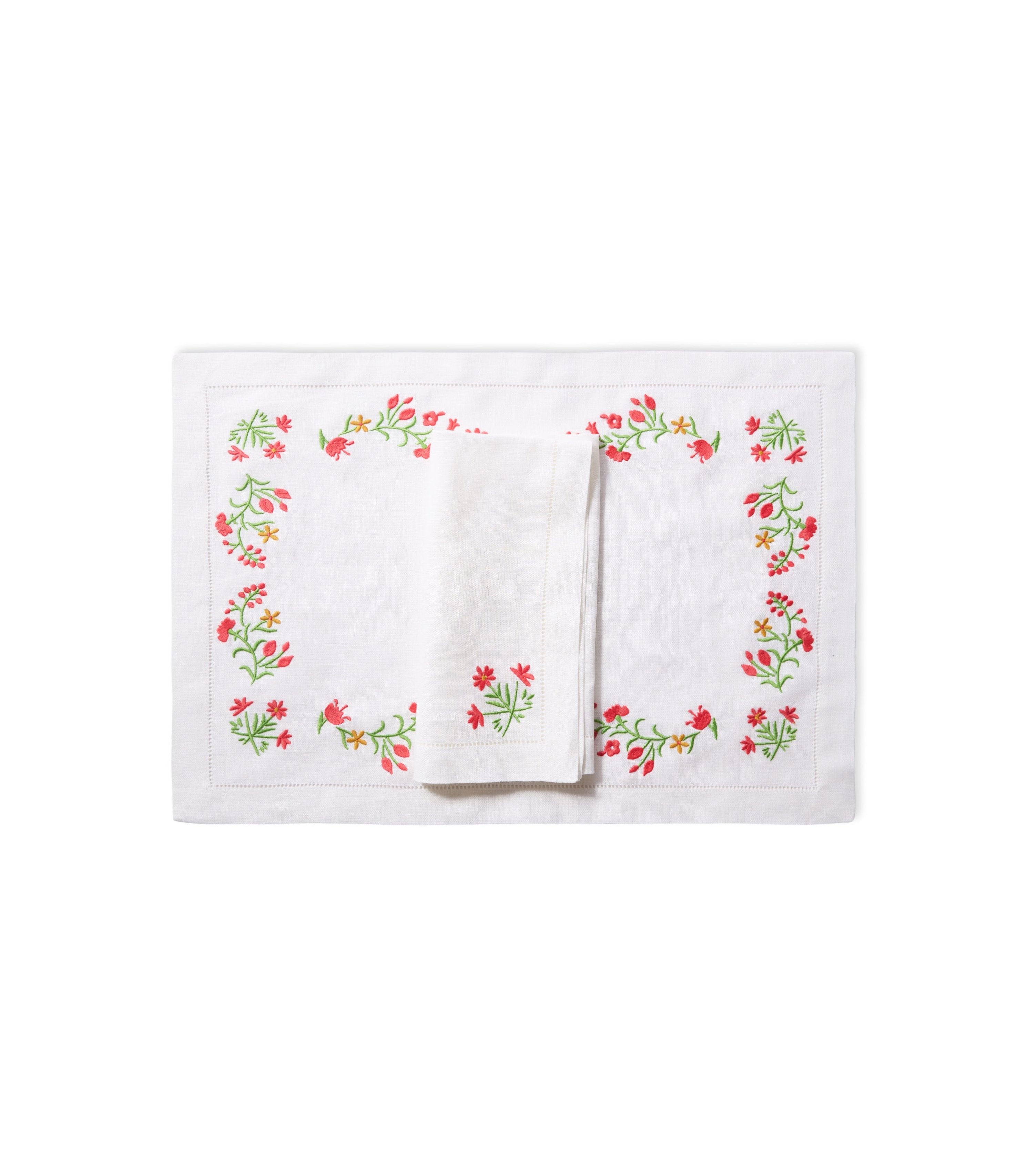 White linen placemat with flower embroidery and white linen dinner napkin with flower embroidery